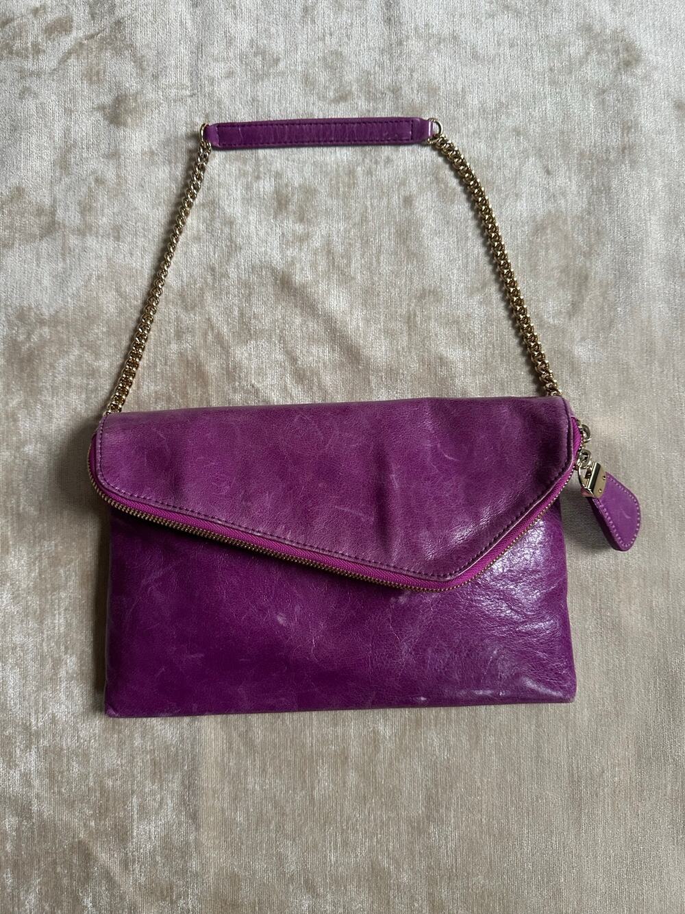 Henri Bendel Debutante Asymmetrical Envelope Clutch Bag pink purple with mirror